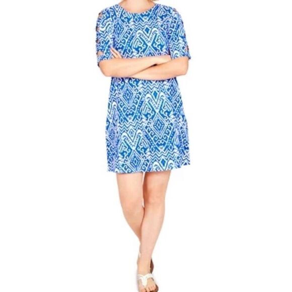 Ruby Rd XL Ikat Ladder Sleeve Sun Dress Brunch Summer A Line Blue White Vacation - Picture 1 of 7